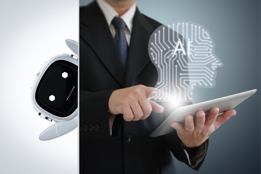 ia-para-principiantes- Un hombre utilizando un ordenador con iconos de IA a su alrededor, simbolizando la integración de la inteligencia artificial en la vida cotidiana.