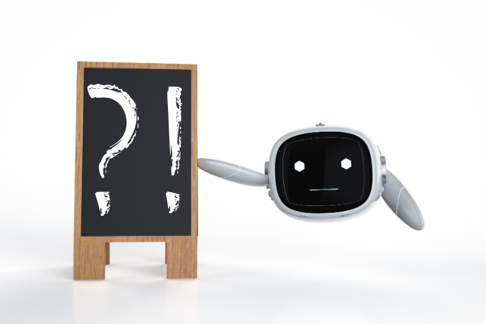 IA para Principiantes - Icono/boneco representando Inteligencia Artificial con una pizarra que tiene un ¿?!