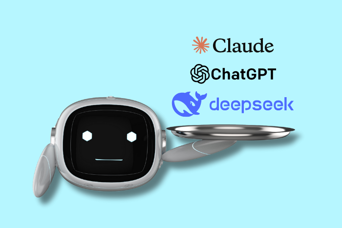 IIcono/boneco representando Inteligencia Artificial con una bandeja que tiene los logos de las IA’s Claude, ChatGPT y DeepSeek