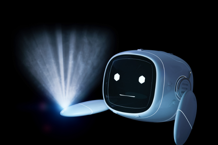 Icono/boneco representando Inteligencia Artificial con la mano extendida, de la cual salen destellos de luz