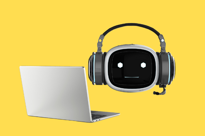 Icono/boneco representando Inteligencia Artificial con un headset y un notebook