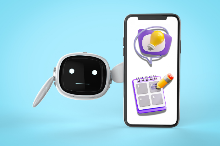 Icono/boneco representando Inteligencia Artificial sosteniendo un celular con icono de notas y un globo de ideas