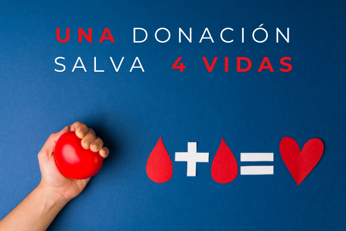 "Una sola donación puede salvar hasta cuatro vidas", resaltado sobre un fondo rojo con gotas de sangre estilizadas.