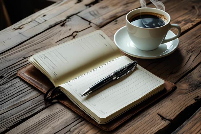 Un cuaderno abierto con un bolígrafo sobre una mesa de madera, un café al lado, un ambiente introspectivo y un domingo tranquilo.