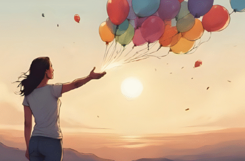 Una mujer de espaldas, con una silueta ligera, suelta globos de colores que representan pesos y obligaciones. El fondo es un cielo abierto y sereno al amanecer. Estilo inspirador, colores suaves. El Poder del "No": 5 Consejos Prácticos para Definir Límites y Proteger Tu Energía.