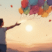 Una mujer de espaldas, con una silueta ligera, suelta globos de colores que representan pesos y obligaciones. El fondo es un cielo abierto y sereno al amanecer. Estilo inspirador, colores suaves. El Poder del "No": 5 Consejos Prácticos para Definir Límites y Proteger Tu Energía.