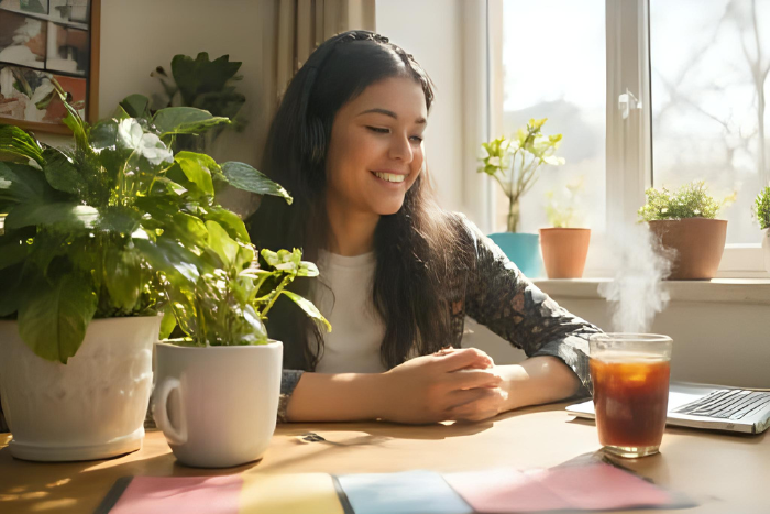 Una persona sonriente trabajando con auriculares, una mesa con una planta, té y post-its motivadores.