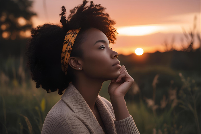 Persona contemplando la puesta de sol, expresión serena, naturaleza de fondo, sentimiento de autoconocimiento.