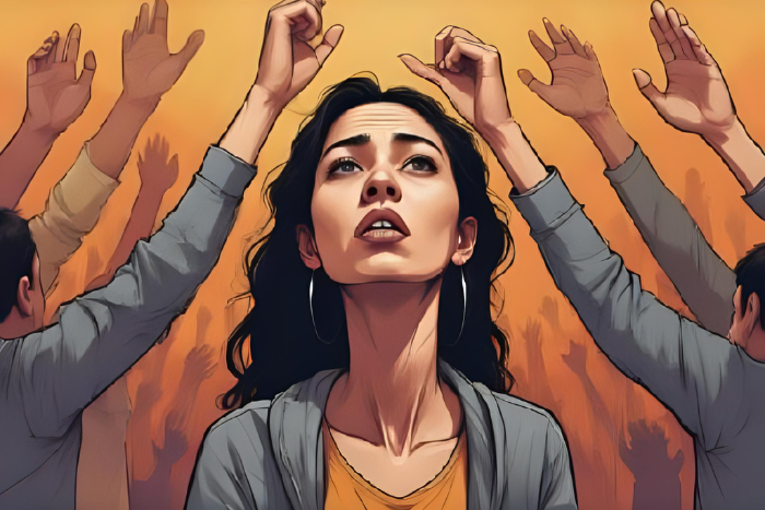 Una persona con expresión de duda o miedo, rodeada de varias manos extendidas pidiendo algo. Colores que transmiten un ligero malestar, pero con esperanza.