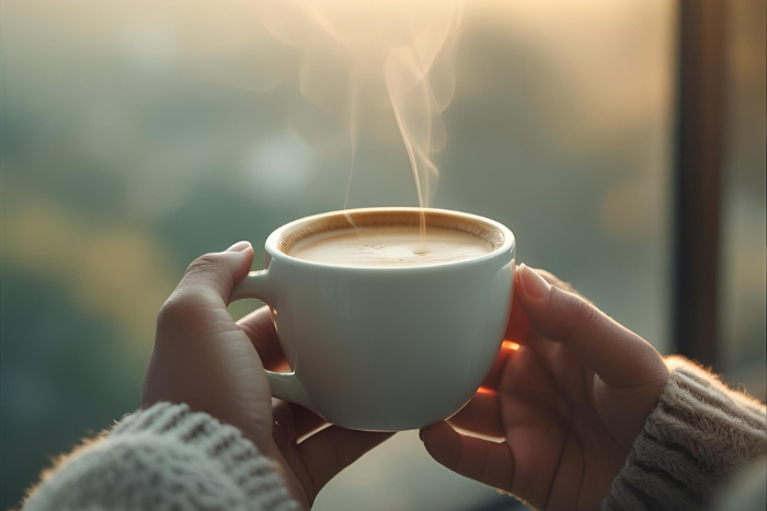 Manos sosteniendo una taza de café, suave luz matinal, un ambiente tranquilo con un sentimiento de gratitud y acogedor.