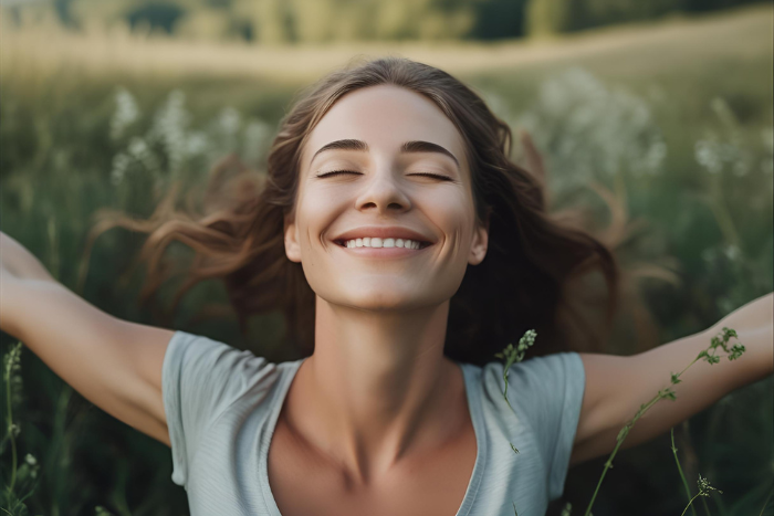 Una persona sonriendo con los ojos cerrados en plena naturaleza, con los brazos abiertos, sintiéndose ligera y renovada.