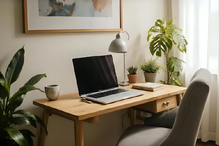 Una oficina en casa bien organizada, con un portátil, una silla cómoda, plantas y buena iluminación.