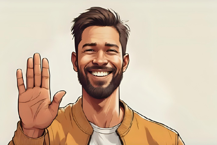 Una persona con una postura segura y serena, haciendo un gesto de "alto" con la mano, con una sonrisa amable. Centrarse en la comunicación asertiva y el empoderamiento.