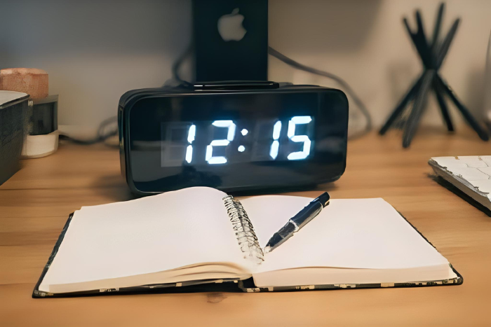 Reloj digital sobre escritorio con agenda abierta, centrado en la gestión del tiempo en la oficina doméstica.