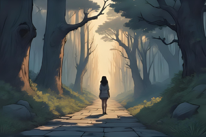 Una mujer en una encrucijada, mirando por un camino diferente, iluminado, mientras que el camino anterior está oscuro. Simboliza una decisión transformadora y un nuevo comienzo.