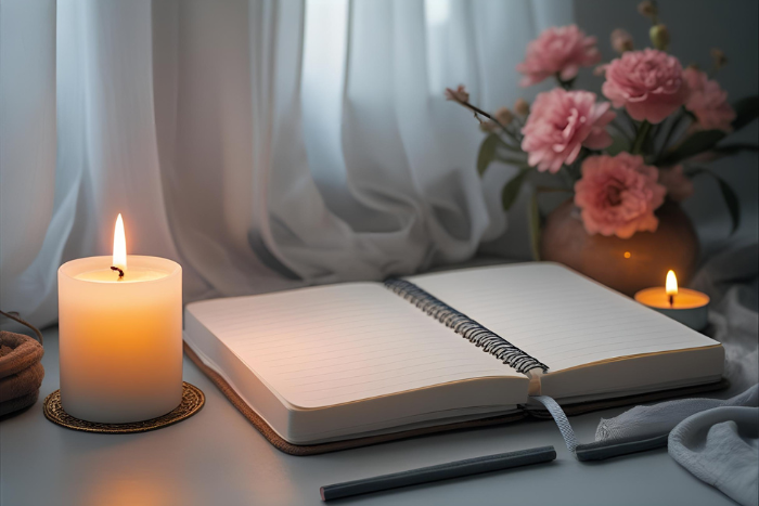 Cuaderno con vela encendida al lado, un ambiente tranquilo y apacible, ideal para rituales personales y llevar un diario.