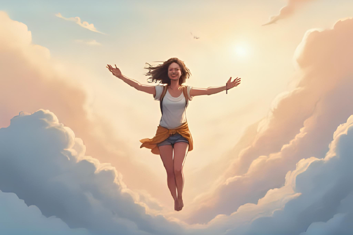 Una persona ligera y sonriente, que flota o camina sobre las nubes, con un aura de paz y libertad. Colores vibrantes y suaves, que transmiten bienestar.