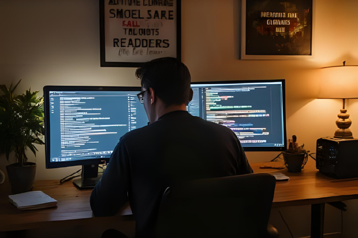 Persona con experiencia trabajando desde casa con dos monitores, ambiente personalizado, aire de productividad.