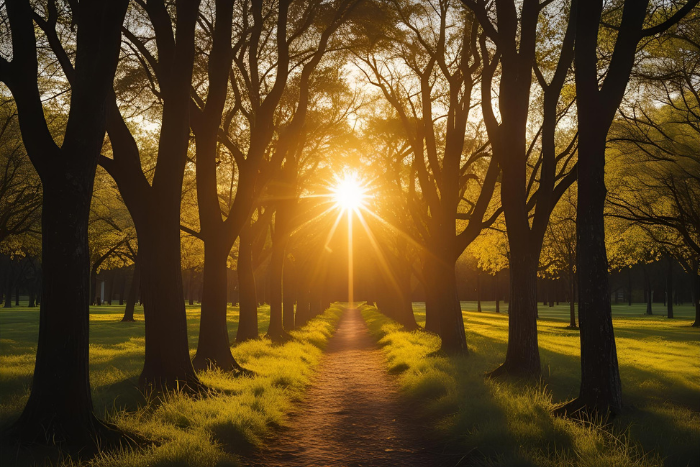 Un camino entre árboles iluminado por el sol del domingo por la mañana, símbolo de nuevos comienzos y esperanza.