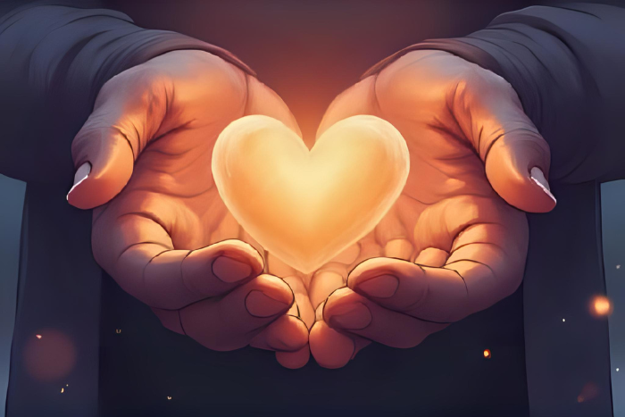 Manos que abrazan un corazón resplandeciente, del que emana una suave luz. Simboliza el autocuidado, el amor propio y la protección de la paz interior. Colores cálidos y acogedores.