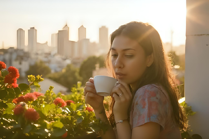 Una persona tomando café en el balcón, con expresión relajada, tomándose un descanso en medio de una remota jornada laboral.