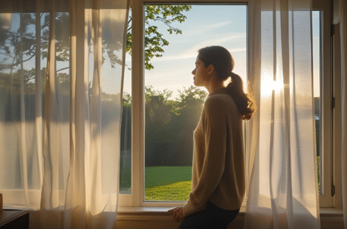 Una persona mirando por la ventana un domingo tranquilo, suave luz de atardecer, un ambiente acogedor y reflexivo. Imagen destacada de 4 Preguntas Poderosas que Transformarán Tus Domingos y Tu Vida