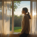 Una persona mirando por la ventana un domingo tranquilo, suave luz de atardecer, un ambiente acogedor y reflexivo. Imagen destacada de 4 Preguntas Poderosas que Transformarán Tus Domingos y Tu Vida