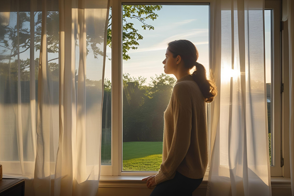 Una persona mirando por la ventana un domingo tranquilo, suave luz de atardecer, un ambiente acogedor y reflexivo. Imagen destacada de 4 Preguntas Poderosas que Transformarán Tus Domingos y Tu Vida